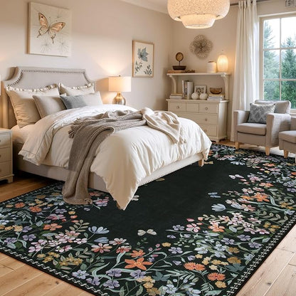 Wonnitar Washable 5x7 Rug, Black Botanical Area Rugs for Living Room, Non-Slip Soft Rug for Bedroom, Vintage Low Pile Dining Room Floral Rug Carpet for Bedside Mud Room (Black,5'x7')