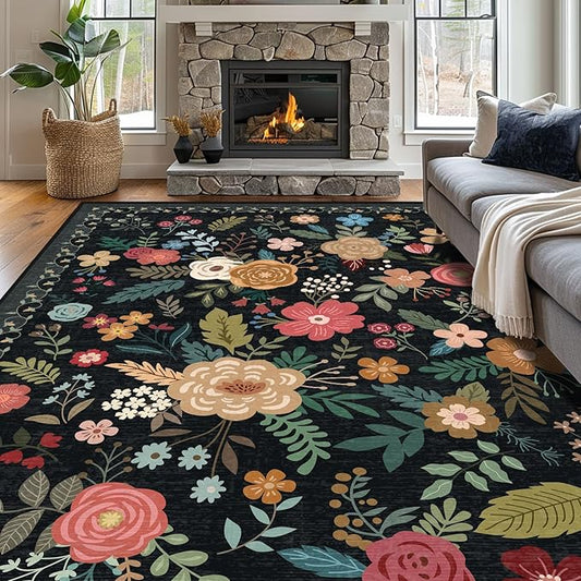9x12 Area Rug, Floral Rugs for Living Room, Stain-Resistant Washable Bedroom Rug, Non-Slip Area Rugs for Dining Room Under Table, Indoor Carpet for Home Office (9 x 12 Black)