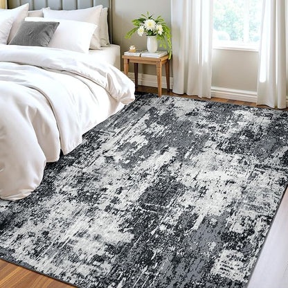 Washable Area Rugs 4'x6' Non-Slip Modern Abstract Soft for Living Room Entryway Bedroom Nursery, Print Pattern, Black Gray
