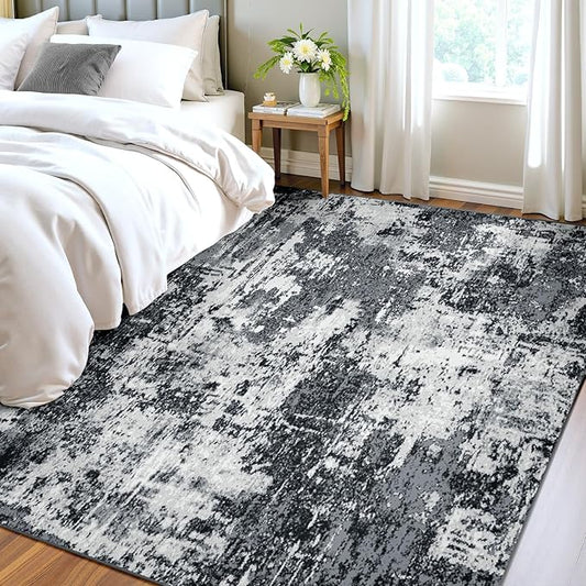 Washable Area Rugs 4'x5' Non-Slip Modern Abstract Soft for Living Room Entryway Bedroom Nursery, Print Pattern, Black Gray