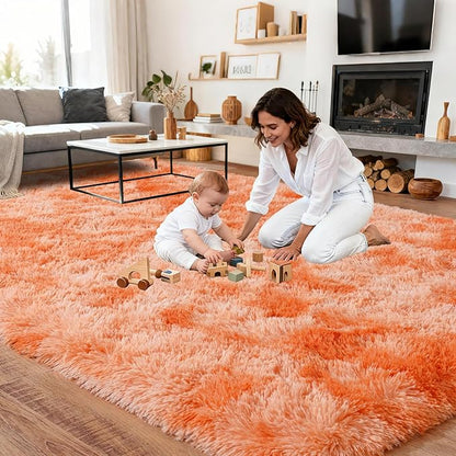 Upgrade Non-Slip Plush Rugs for Living Room, Soft Shaggy Carpets for Living Room, Fuzzy Rugs for Kids' Room, Perfect Decor for Modern Home Tie Dye Orange 8x10Feet