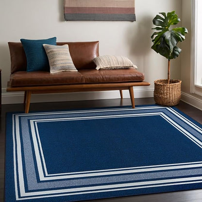 Beverly Rug Non Slip Area Rugs 3x3 Modern Bordered Non Skid Rubber Backing Soft Area Rug for Living Dining Room Easy to Clean Non Shedding Kitchen Bedroom Indoor Carpet 3 x 3 Navy
