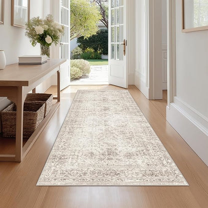 Fmfunctex 3x7 Runner Rug Beige Washable Vintage Neutral Distressed Non Slip Low Pile Indoor Carpet Soft Retro Floral Hallway Entryway Rug for Kitchen Living Room Bedroom Bathroom Laundry Entry Bedside