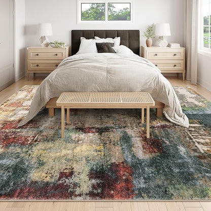 Lahome Modern Abstract 9x12 Area Rugs for Bedroom, Washable Living Room Rug for Bedroom Low Pile Non Slip, Red Soft Indoor Accent Carpet for Dining Room Table Home Decor Use