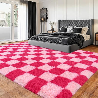 Area Rugs for Living Room, Soft Shaggy Carpets for Living Room, Fuzzy Rugs for Kids' Room, Perfect Decor for Modern Home Hot Pink Grid 5x7 Feet