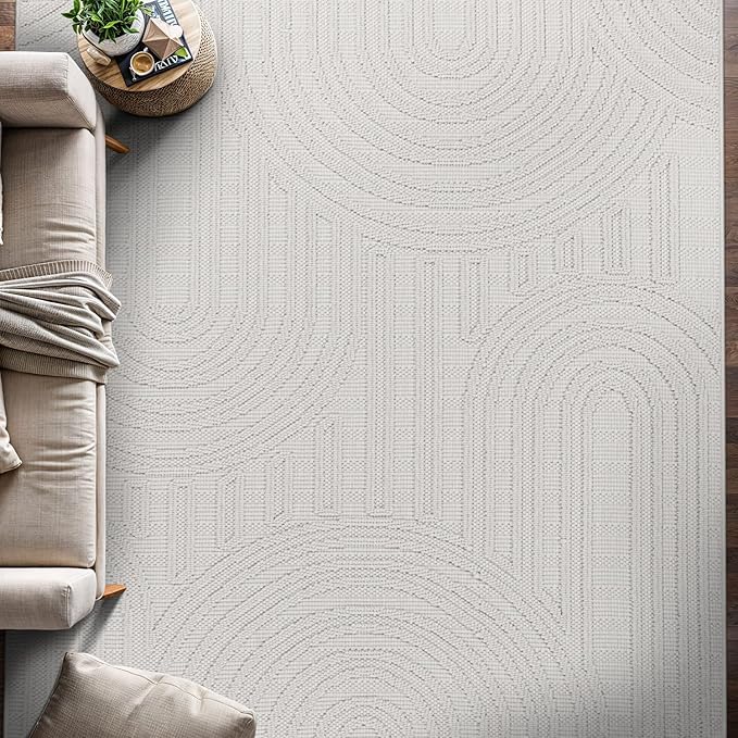 Beverly Rug Micro Loop Large Area Rug White 10x14 Modern Luxury Circle Geometric Durable Indoor Area Rugs for Living Dining Room Office Stain Resistant Non Shedding Casual Indoor Carpet White 10x14