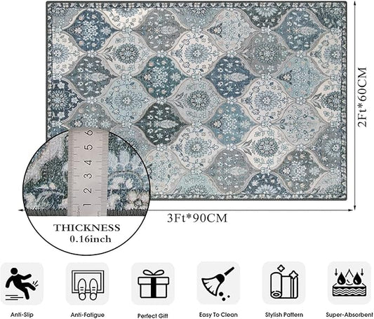 Lahome Moroccan Trellis Front Door Mat Indoor Entrance, 2x3 Rugs for Entryway Non-Slip Washable Indoor Door Mat, Oriental Accent Small Rug for Kitchen Bedroom Bathroom, Blue