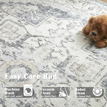 jinchan Kelda Round Rug 4ft Washable Area Rug Indoor Vintage Floor Cover Distressed Circle Mat 4' Round Lightweight Non Slip Low Pile Thin Carpet for Entryway Kitchen Living Room Bedroom Grey