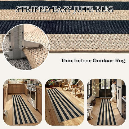 Lahome Striped Easy Jute Kitchen Runner, 2x8 Washable Runner Rug for Hallway Entryway, Farmhouse Non Slip Non Shedding Black Indoor Outdoor Carpet for Entry Porch