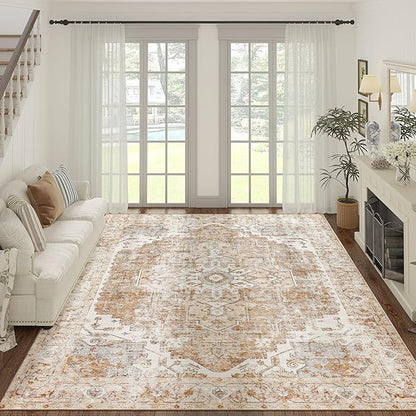 jinchan Kelda Area Rug 9x12 Washable Living Room Rug Vintage Indoor Large Floor Cover Distressed Lightweight Non-Slip Low Pile Thin Mat Accent Stain Resistant Carpet for Bedroom Office Brick Red