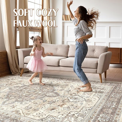 6x9 Area Rugs Living Room: Washable Boho Large Neutral Vintage Soft Rug Stain Resistant Farmhouse Non Slip Indoor Floor Carpet for Bedroom Nursery Kids Playroom Office Dining Room- Beige Brown