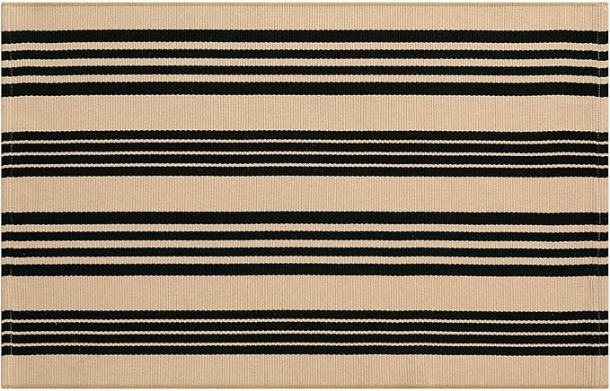 Black and Khaki Striped Rugs 2.3'x3.6', Washable Hand Woven Front Door Rug, Reversible Outdoor Welcome Mat Foldable Layered Door Mats for Entryway Porch Decor Home Entrance