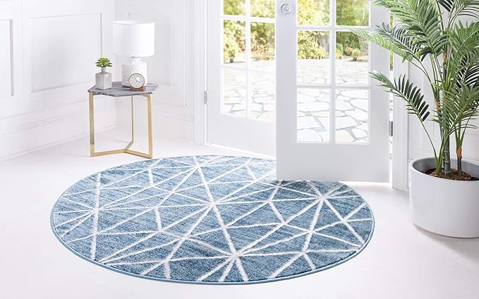 Rugs.com Lattice Trellis Collection Rug – 3 Ft Round Blue Low-Pile Rug Perfect for Kitchens, Dining Rooms