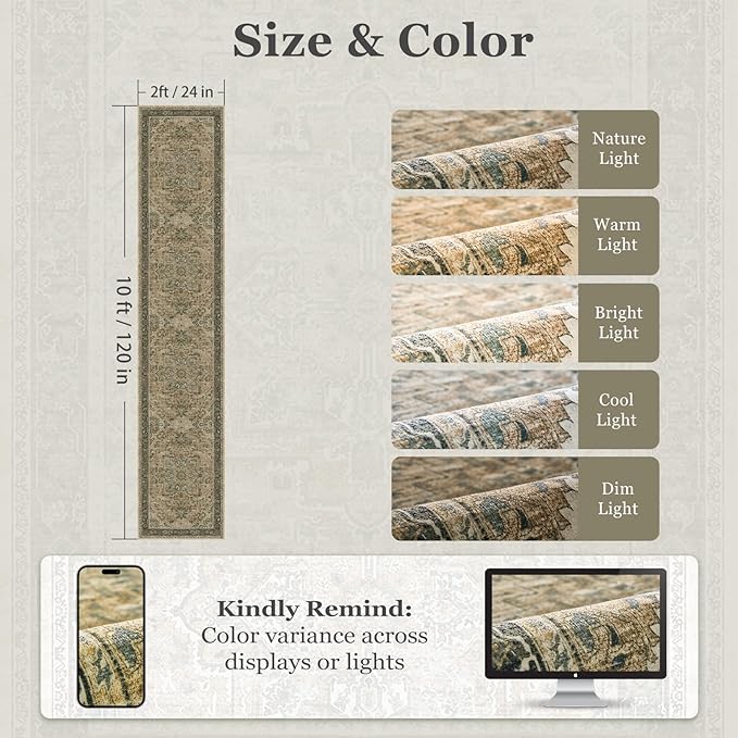 Washable Runner Rug 2x10 for Hallways, Retro Distressed Moody Medallion Long Carpet Runner for Entryway Mudroom, Low Pile Thin Soft Kitchen Bathroom Runner Rug Non Slip, Multi Brown/Slate Green