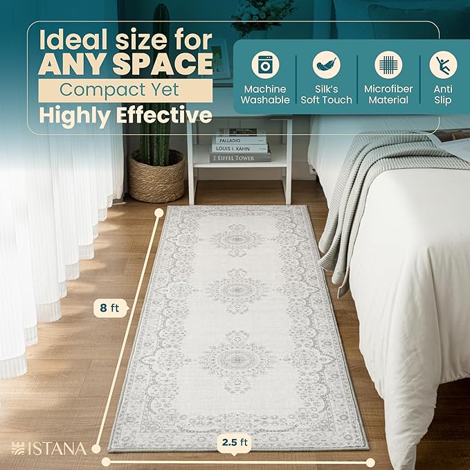 Istana Hallway Runner Rug 2.5x8 – Grey/White Cream Entryway Rug -Silk's Soft Touch Runners for Hallways - Stylish Kitchen Runner Rug Non Slip