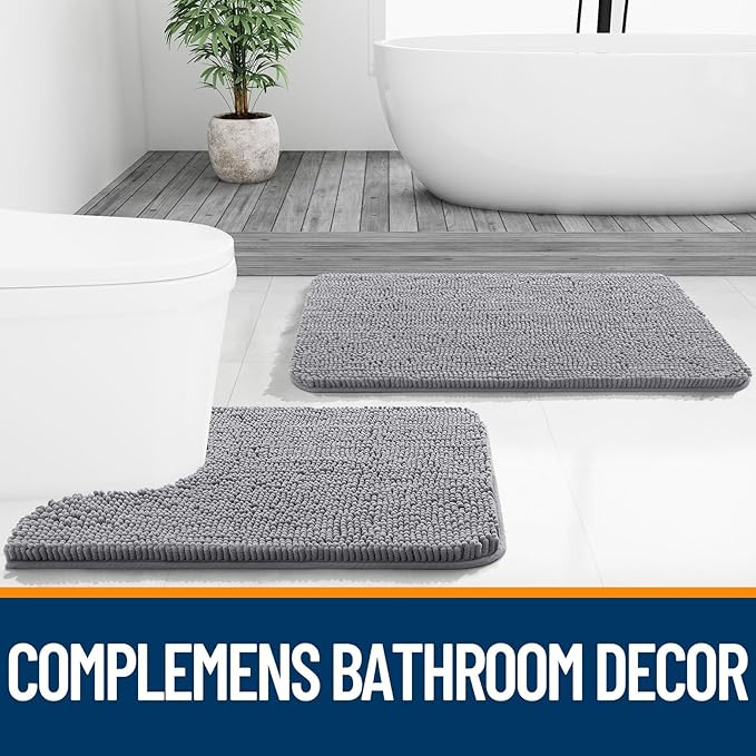 OLANLY Toilet Rugs U-Shaped 24x24, Extra Soft Absorbent Chenille Contour Bathroom Rugs for Toilet, Dry Quickly, Machine Washable, Non-Slip Bath Mat, Grey