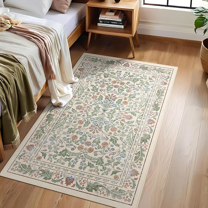 3x5 Washable Area Rug Floral Beige Entryway Small Rug Vintage Forest Low Pile Non Slip Stain Resistance Soft Carpet for Kitchen, Bedroom Beside, Laundry Room, Office Rug, Kids Room, Nursery Room