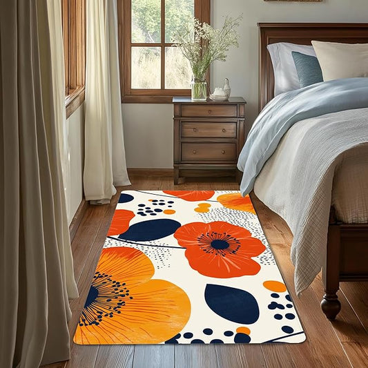 Boho Orange Flowers Autumn Carpet for Living Room, 3x5 Non-Slip Washable Low Pile Abstract Design Rug, Space Saving Area Rug for Bedroom, Dining Room