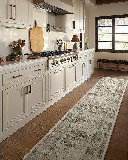 RUGGABLE Washable Vintage Runner Rug – Sarrah Sage 2.5x7, Stain-Resistant, Non-Slip Hallway Runner – Machine Washable Rug for Hallway, Entryway, Living Room & Kitchen – with Cushioned Pad