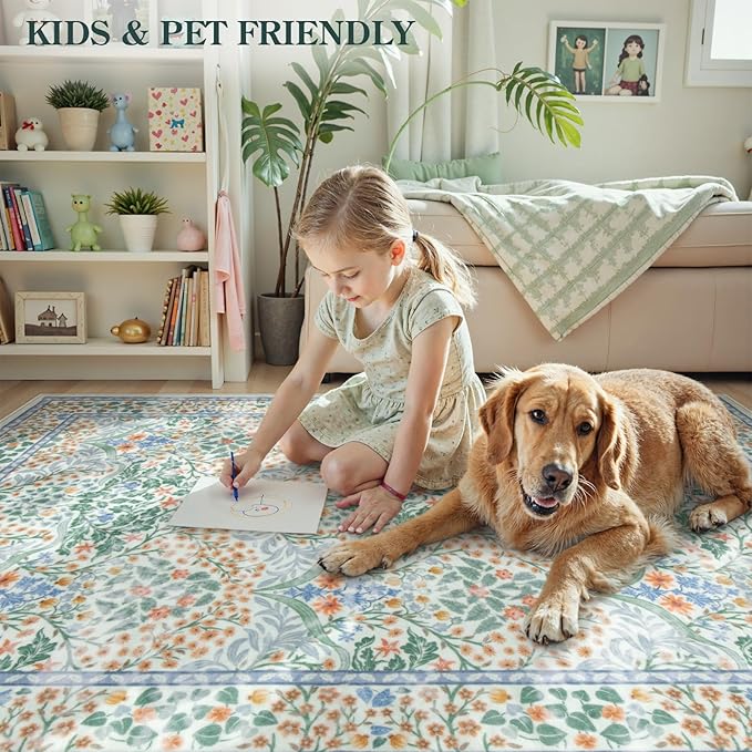 Lahome Floral Washable Area Rugs 5x7, Soft Green Rugs for Living Room Bedroom, Boho Non Slip Low Pile Forest Stain Resistance Large Throw Carpet for Farmhouse Dining Room Nursery, Green