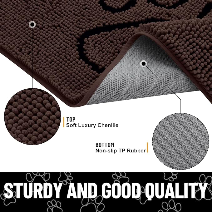 Smiry Dog Door Mat for Muddy Paws, Absorbent Dirt Trapper Non Slip Quick Dry Washable Chenille Mat for Mud Dogs, Entry Rug for Indoor and Outdoor (30x20 Inches, Brown and Black)