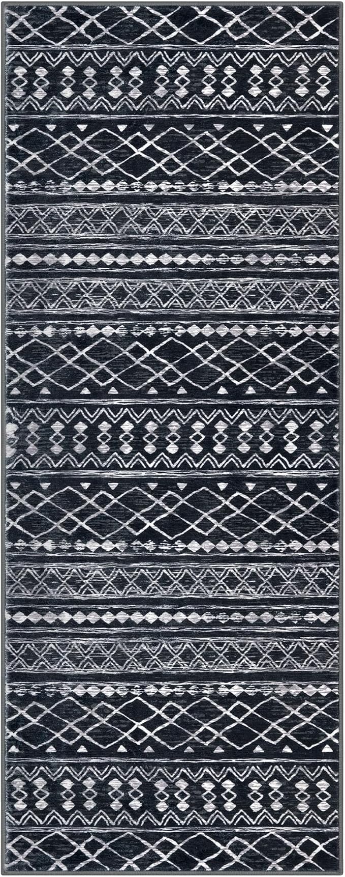 KUTA Boho Vintage Hallway Runners 2x5 ft Black Moroccan Washable Runner Rug Non-Slip Kitchen Rug Ultra Soft Distressed Geometric Floor Carpet for Bedroom Laundry Living Room