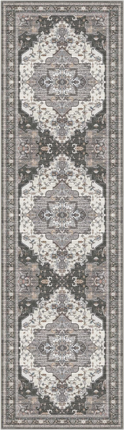 GENIMO 2X7 Hallway Runner Rug, Machine Washable Non Slip Vintage Floral Patchwork Runners, Thin Low Pile Chenille Carpet Runners for Entryway, Kitchen, Bathroom, Bedroom, Slate Gray