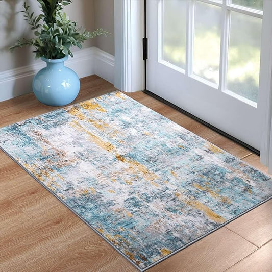 Entrance Rugs Indoor 2x3 Blue Entry Rug Washable Abstract Small Area Rug Non-Slip Low Pile Throw Rugs for Entryway, Kitchen Floor, Front Door Indoor Door Mat, Bathroom, Bedroom Bedside