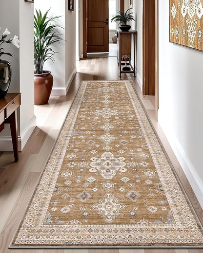 LUMI Runner Rug 3x7, Washable Non-Slip Hallway Throw Rugs, Long Soft Thin Vintage Oriental Kitchen Mats, Low-Pile Indoor Kitchen Entryway Area Rug, Amber