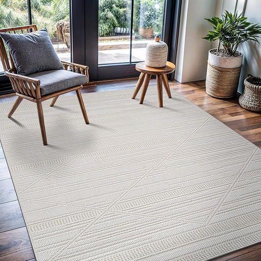 CAMILSON Micro Loop Rug 5x7 Modern Luxury Geometric Pattern Area Rugs Soft High and Low Pile Stain Resistant Easy-Cleaning Non-Shedding for Living Room Office Indoor Carpet (5 x 7 / White)