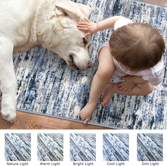 Modern Abstract Runner Rug 2x12, Grey Blue White Washable Long Kitchen Runner Non-Slip Soft Hallway Rug Runner Thin Print Faux Wool Carpet for Entryway Bedroom Laundry Room Indoor Home Decor