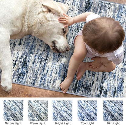 Modern Abstract Runner Rug 2.6x14, Grey Blue White Washable Long Kitchen Runner Non-Slip Soft Hallway Rug Runner Thin Print Faux Wool Carpet for Entryway Bedroom Laundry Room Indoor Home Decor