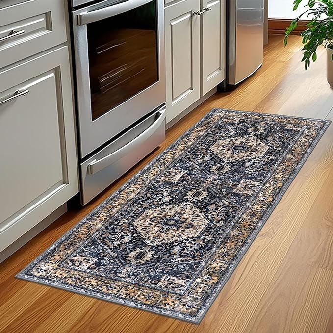 KOZYFLY Runners for Hallways 2x5 Ft Washable Kitchen Runner Rug Boho Runner Rug for Entryway Indoor Gold Navy Printed Oriental Faux Wool Floor Carpet Runner for Laundry Room Kitchen Hall