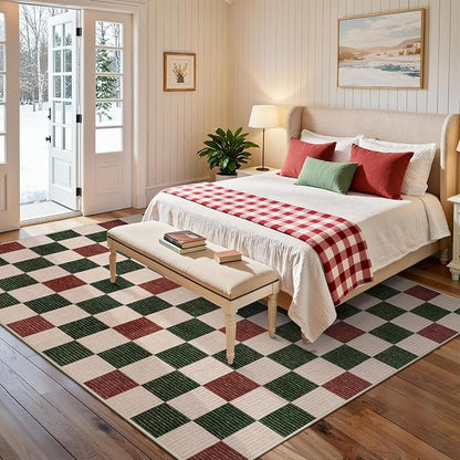 LIVEBOX 8x10 Area Rugs for Living Room Clearance, Checkered Non-Slip Washable Rugs, Farmhouse Neutral Classic Pattern Boys Area Rug for Bedroom, Carpet for Dining Room(Red,8'x10')