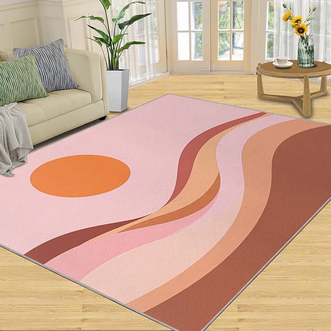Boho Sun Area Rugs 6x9ft, Minimalist Sunburst Fluffie Rugs for Living Room, Abstraction Deco Nursery Rug with Under Rug Non Slip Tape for Bedroom Kids Room
