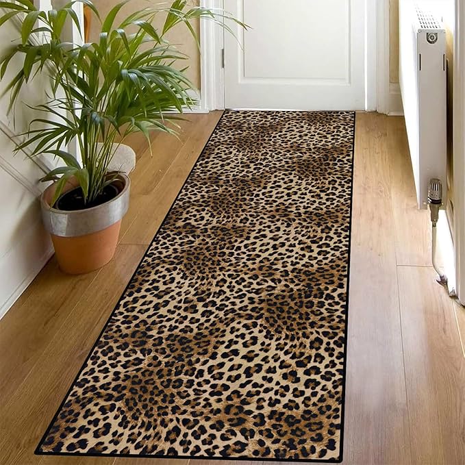 Leopard Rug 2x6 Runner Rug Washable Kitchen Runner Non-Slip Soft Modern Print Faux Wool Carpet for Hallway Indoor Entryway（2x6ft,Brown）