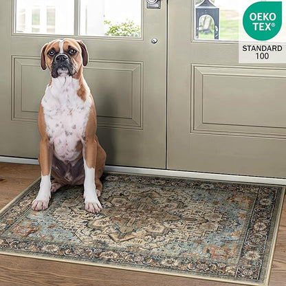 2x3 Machine Washable Area Rug for Entryway, Blue Beige Boho Vintage Floral Rug Non-Slip Low Pile Soft Faux Wool Small Carpet, Kids and Pets Friendly for Bedroom Kitchen Hallway Bedside Home Decor Rug