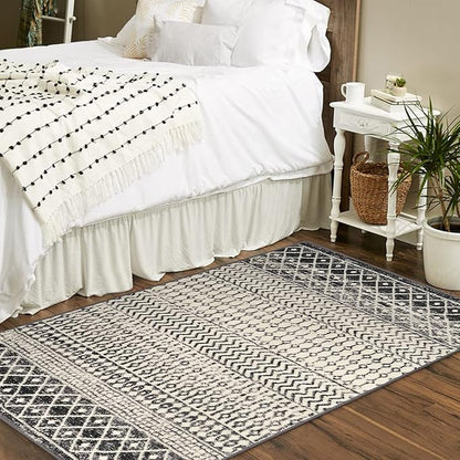 3x5 Rug for Living Room, Ultra Soft Non Slip Moroccan Washable Rug, Distressed Entryway Rugs, Low-Pile Throw Carpet Black Rugs for Bedroom Kitchen Living Room Dinning Room
