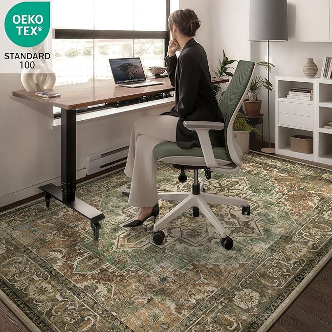 5x7 Machine Washable Area Rug for Living Room, Brown Green Boho Vintage Floral Rug Large Non-Slip Low Pile Soft Faux Wool Carpet, Kids and Pets Friendly for Bedroom Dining Room Farmhouse Decor Rug
