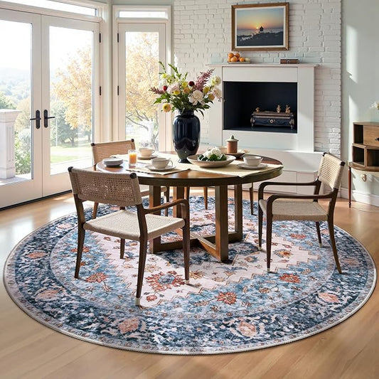 SERISSA Boho Round Area Rug, 5ft Washable Non-Slip Circle Rug, Ultra Soft Oriental Vintage Blue Orange Low-Pile Circular Carpet for Bedroom Entryway Kids Room Office College Dorm Living Room