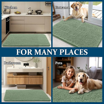 OLANLY Dog Door Mat for Muddy Paws 47x17, Absorbs Moisture and Dirt, Absorbent Non-Slip Washable Doormat, Quick Dry Chenille Mud Mat, Entry Indoor Entryway Carpet for Inside Floor, Olive Green