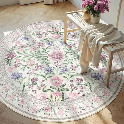 Wonnitar Floral Purple Round Area Rug 5ft, Soft Washable Kids Room Rug, Boho Ultra-Thin Non Slip Circle Carpet for Bedroom Girls Nursery Dorm Living Room Classroom, Light Purple/Pink