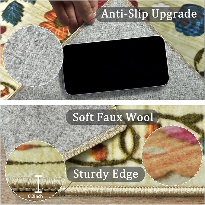 2x3 Machine Washable Area Rug for Entryway, Green Vintage Boho Floral Rug Non-Slip Low Pile Soft Faux Wool Small Carpet, Kids and Pets Friendly for Bedroom Kitchen Hallway Bedside Home Decor Rug