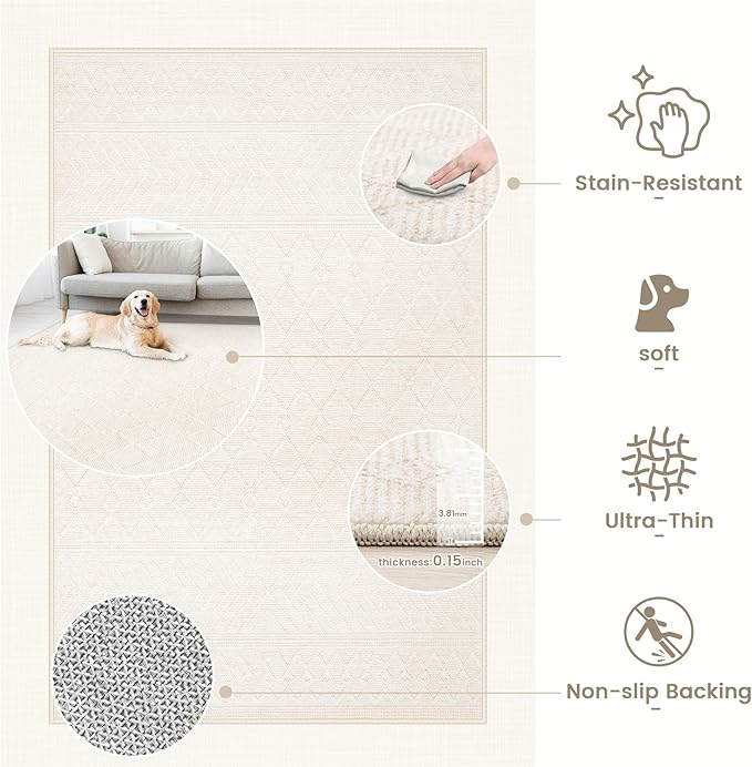 4x6 Geometric Rug: Washable Boho Moroccan Throw Rug Neutral Modern Farmhouse Indoor Soft Non Slip Ultra Thin Printed Pattern Rugs for Kitchen Bedroom (Beige, 4'x6')