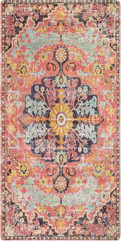 Lahome Bohemian Floral Medallion Runner Rug - 2x4 Hot Pink Bathroom Rug Runner, Machine Washable Non-Slip Hallway Mat Indoor Laundry Accent Carpet Runners for Kitchen Living Bedroom RV, Fuchsia/Multi