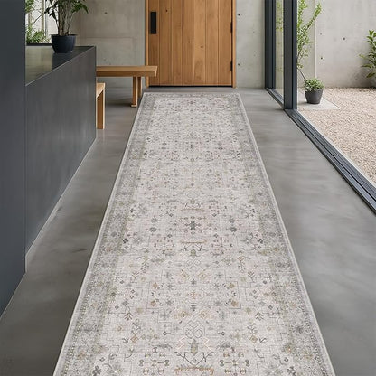Light Gray Washable 2'6"x10' Wide Hallway Runners, Kitchen Runner Rug, Non-Slip & Stain Resistant 10ft Long Floor Rug, Neutral Boho Floral Décor