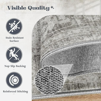 Area Rug 9x12 Washable Rug, Vintage Boho Medallion Rugs Non-Slip Soft Low Pile Large Distressed Rug Indoor Retro Carpet for Living Room Bedroom Dining Room Home Office (Grey, 9'x12')