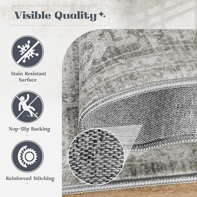 Area Rug 10x14 Washable Rug, Vintage Boho Medallion Rugs Non-Slip Soft Low Pile Large Distressed Rug Indoor Retro Carpet for Living Room Bedroom Dining Room Home Office (Grey, 10'x14')