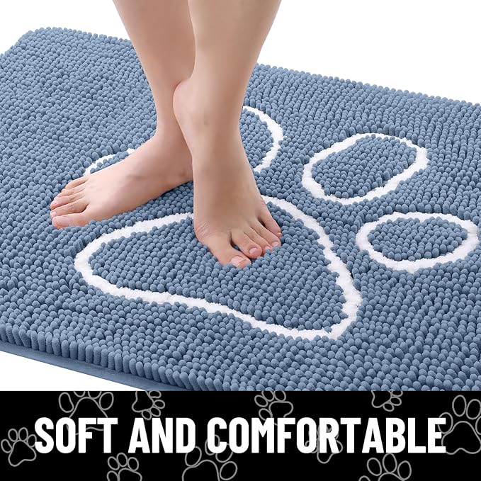 Smiry Dog Door Mat for Muddy Paws, Absorbent Dirt Trapper Non Slip Quick Dry Washable Chenille Mat for Mud Dogs, Entry Rug for Indoor and Outdoor (40x32 Inches, Airy Blue and White)