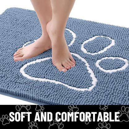 Smiry Dog Door Mat for Muddy Paws, Absorbent Dirt Trapper Non Slip Quick Dry Washable Chenille Mat for Mud Dogs, Entry Rug for Indoor and Outdoor (59x24 Inches, Airy Blue and White)